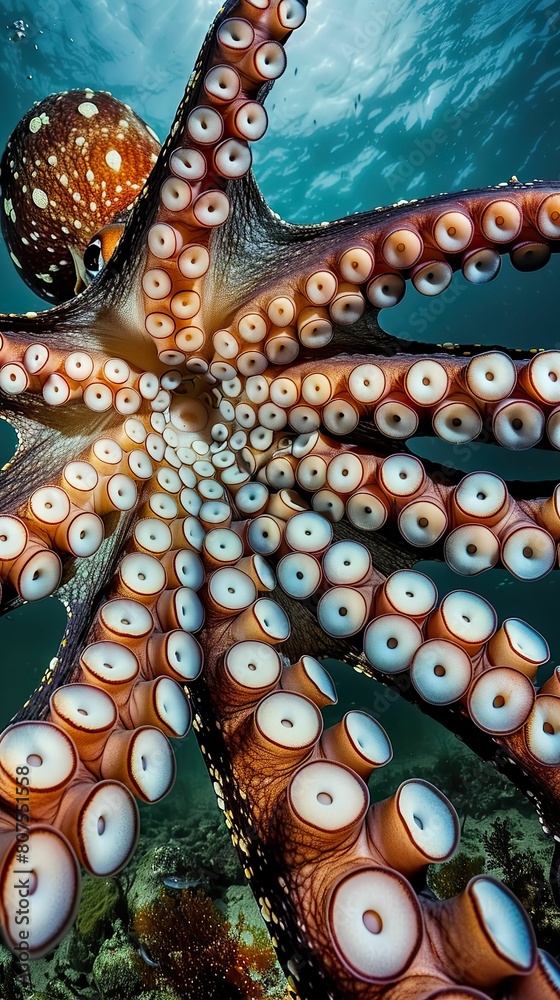 Fototapeta premium Octopus, tentacles, master of disguise in underwater world, mimicking textures of ocean floor, photography, backlighting, chromatic aberration, Point-of-view shot