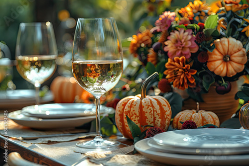 A festive autumnthemed table setting with pumpkins  flowers and white wine glasses. Created with Ai