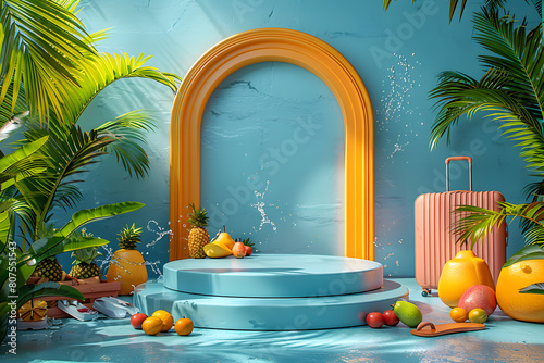 Empty stylish podium 3D mockup background for beauty product presentation. Summer transparent copy space platform surrounded by palm leaves . Cosmetics, perfume or home goods advertising stand.