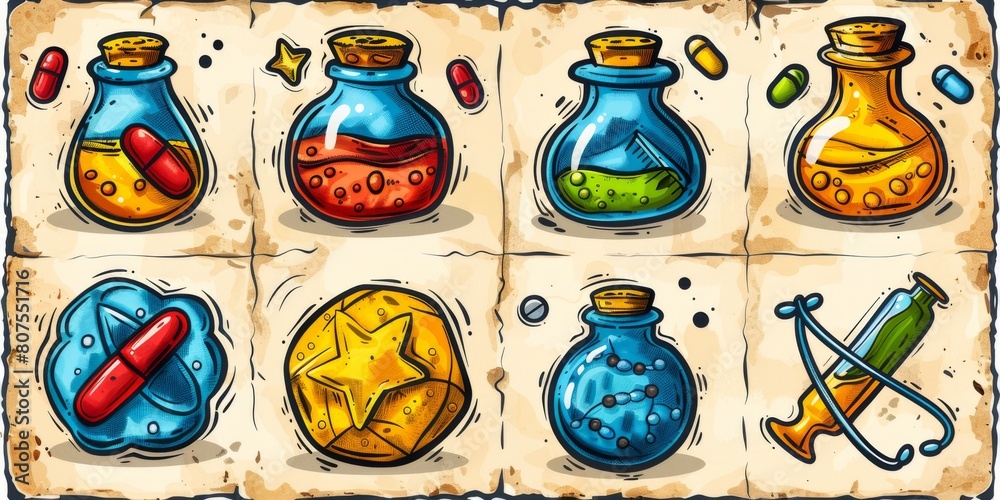 Cartoon alchemy icon set featuring various magical potions and ...
