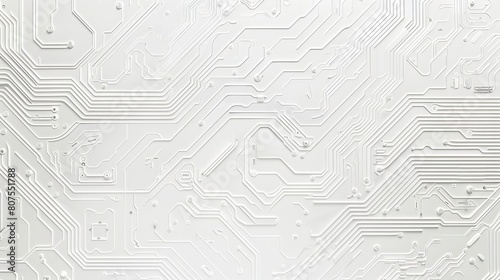 Detailed white circuit pattern on a light background, emphasizing minimalistic tech design