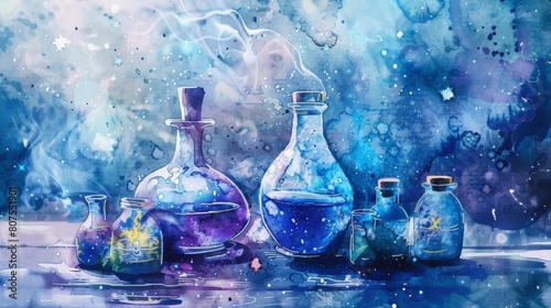 enchanted elixir collection displayed on a blue table against a blue wall, featuring glass and blue bottles