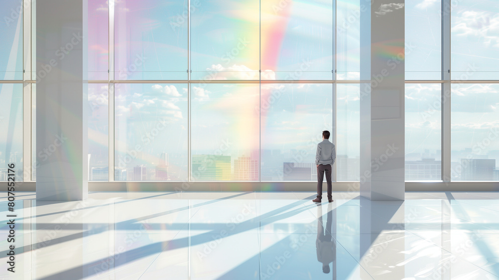Businessman Reflecting on Future in Sunlit Office with Rainbow