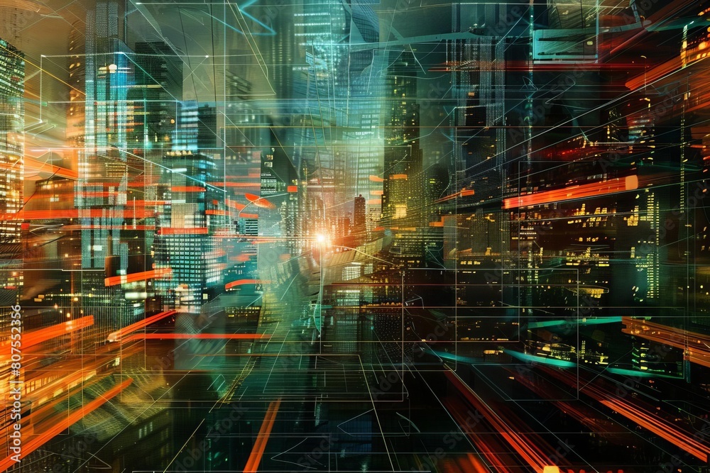 Dynamic and vibrant abstract representation of digital connections across a cityscape