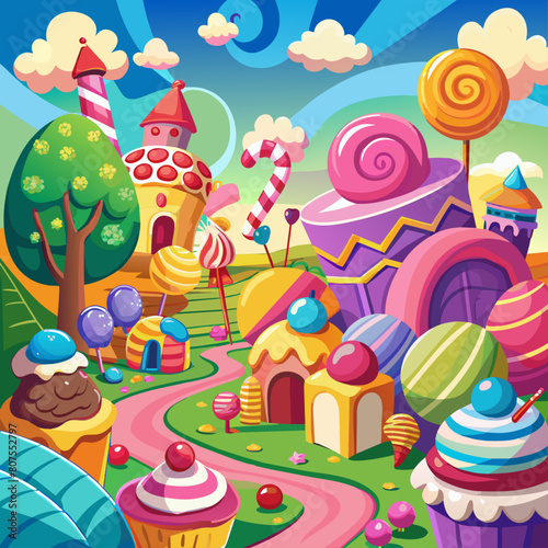 Whimsical candy land scenes with saturated, sweet colors for children’s entertainment or dessert marketing, marketing sales templates