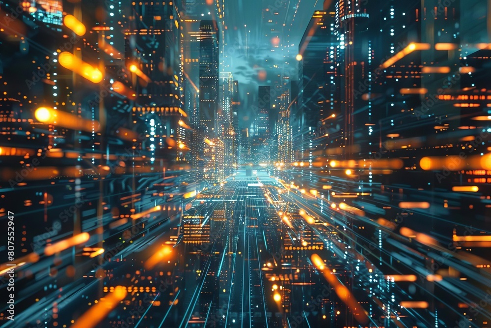 Flowing digital streams in a futuristic cityscape, representing fastpaced data transfer and connectivity