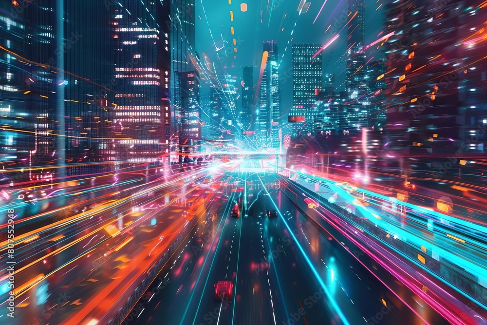 Flowing digital streams in a futuristic cityscape, representing fastpaced data transfer and connectivity Flowing digital streams in a futuristic cityscape, representing fastpaced data transfer and connectivity