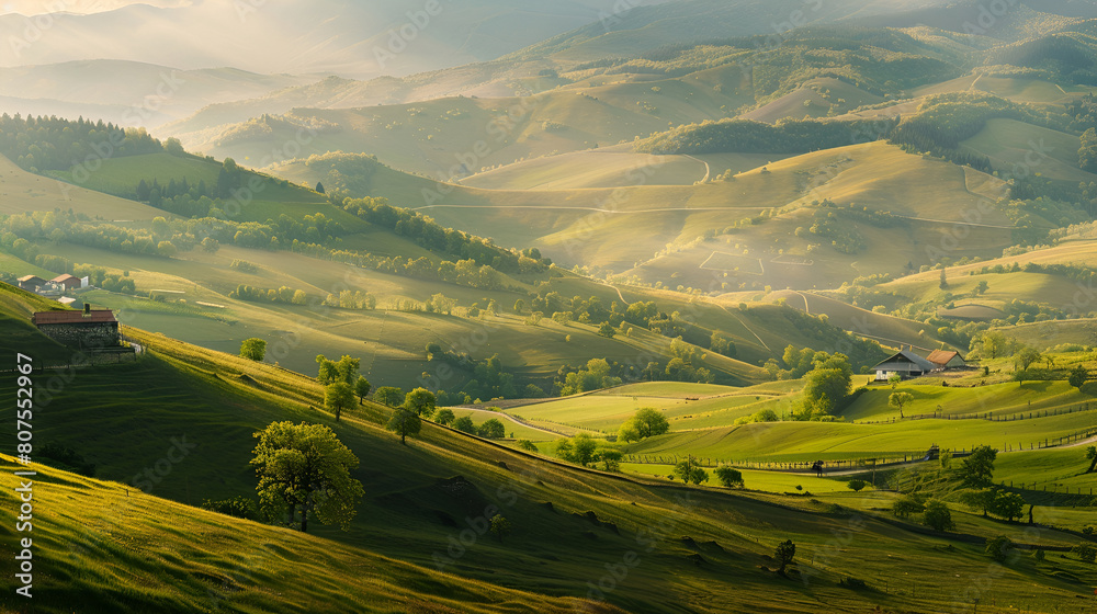Beautiful spring landscape with green meadow and blue sky with clouds,sunset over lush green valley, with rolling hills in the distance, Green fields in spring sunny day,Stitched Panorama of autumn
