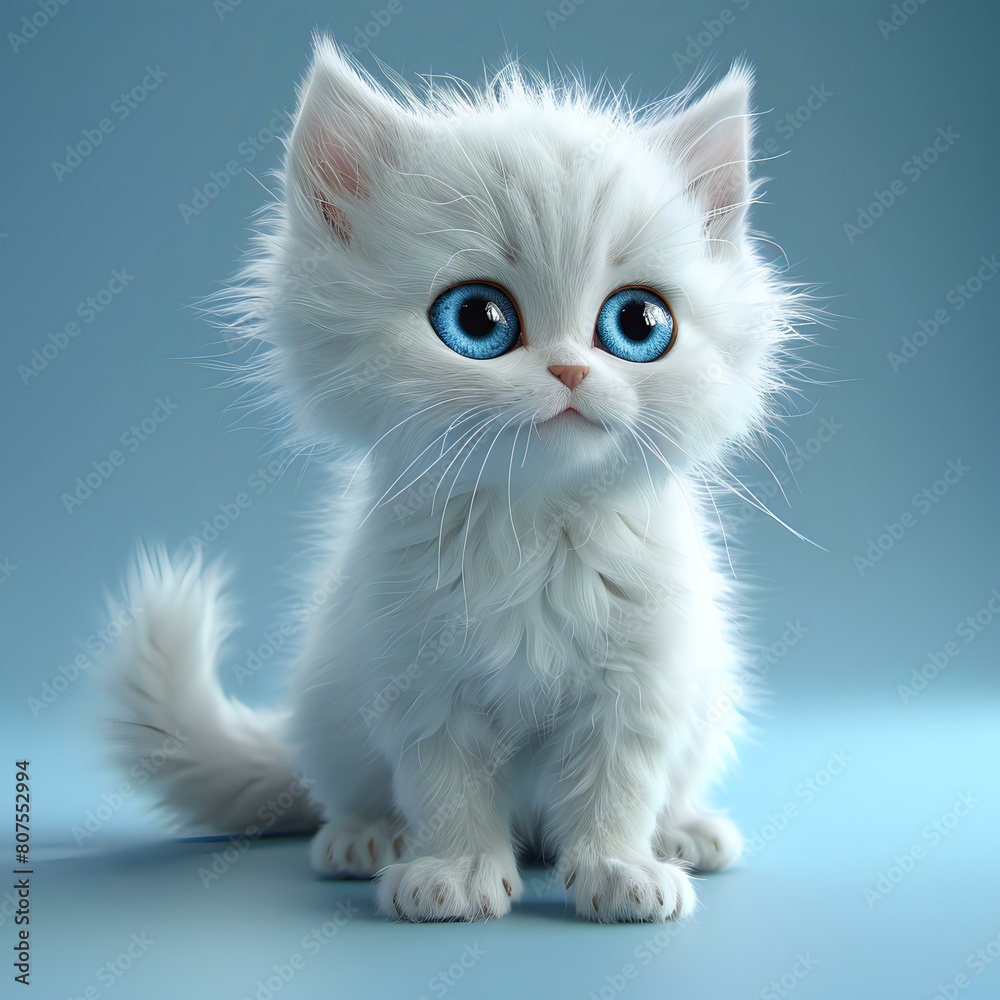 Close-up of a fluffy white kitten with bright blue eyes, exuding a sense of innocence and curiosity.