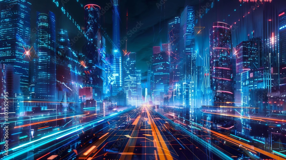 Futuristic cityscape with vibrant data streams and connectivity lines