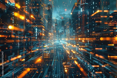 Flowing digital streams in a futuristic cityscape  representing fastpaced data transfer and connectivity