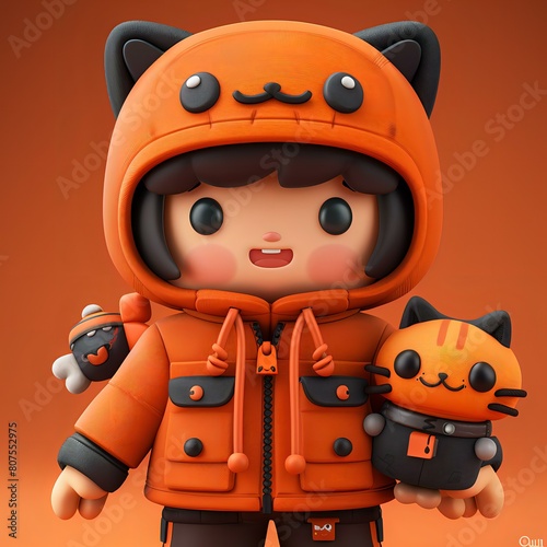 3D cartoon-style avatar of a kid wearing a cat hoodie and holding a matching plush toy in a playful and imaginative setting.