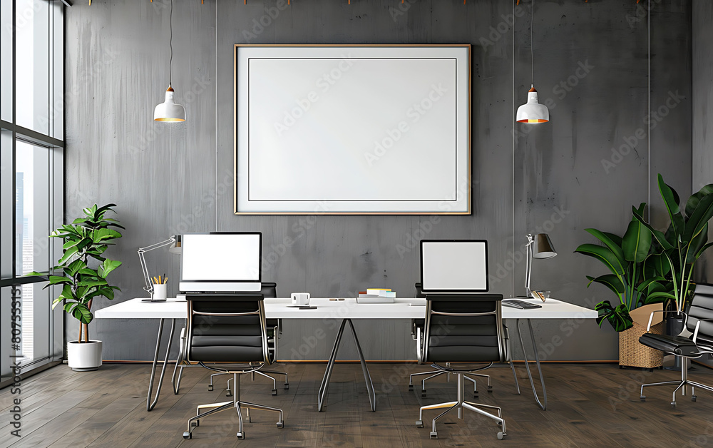 ambiance of your office environment with a white frame mockup enhancing the decor, fostering creativity ambiance of your office environment with a white frame mockup enhancing the decor, fostering creativity