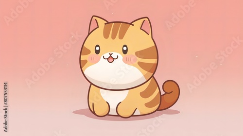 Cute cartoon-style illustration of a smiling chubby tabby cat with a pink background, designed in a doodle art style that emphasizes charm and simplicity