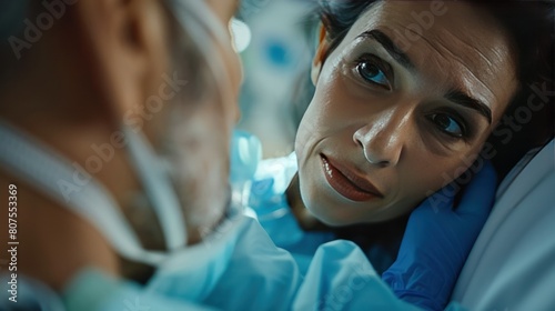  doctor looking down at a patient in a hospital bed, their eyes filled with compassion and understanding. 