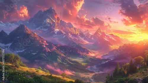 An awe-inspiring sunset mountainscape, with rugged peaks bathed in the soft, warm light of the setting sun