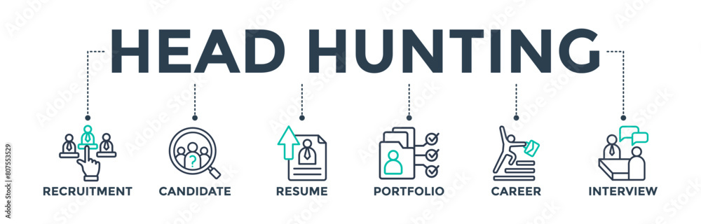 Head hunting banner web icon concept with icon of recruitment, candidate, resume, portfolio, career, interview. Vector illustration Head hunting banner web icon concept with icon of recruitment, candidate, resume, portfolio, career, interview. Vector illustration