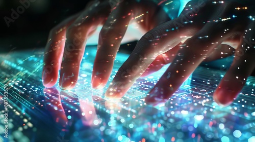 Hands typing on a virtual keyboard made of light, representing advanced humancomputer interaction photo