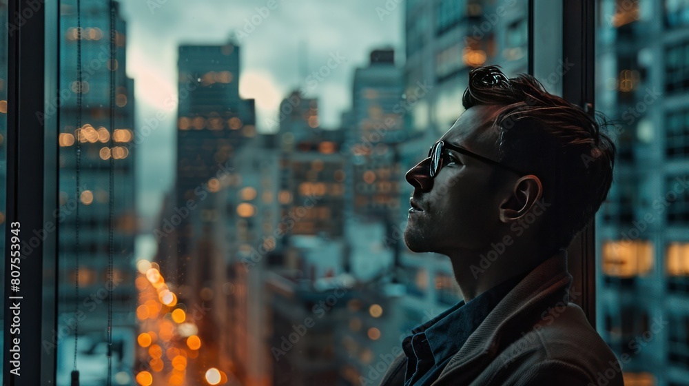 Fototapeta premium focused entrepreneur with a visionary look, gazing out a window at a bustling cityscape in the most sought-after stock photo company. 