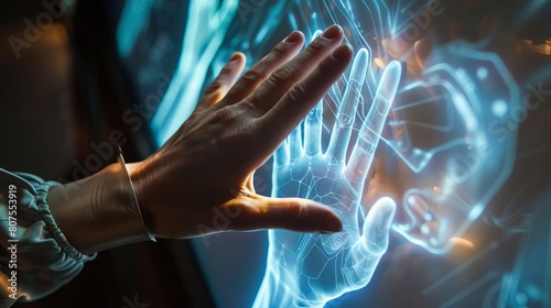 Human hands interacting with a holographic AI interface, merging physical and digital realities