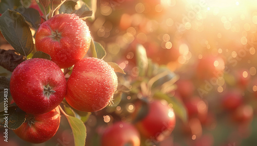 Red apples in an apple orchard, blurred background with sunlight and bokeh effect. Created with Ai