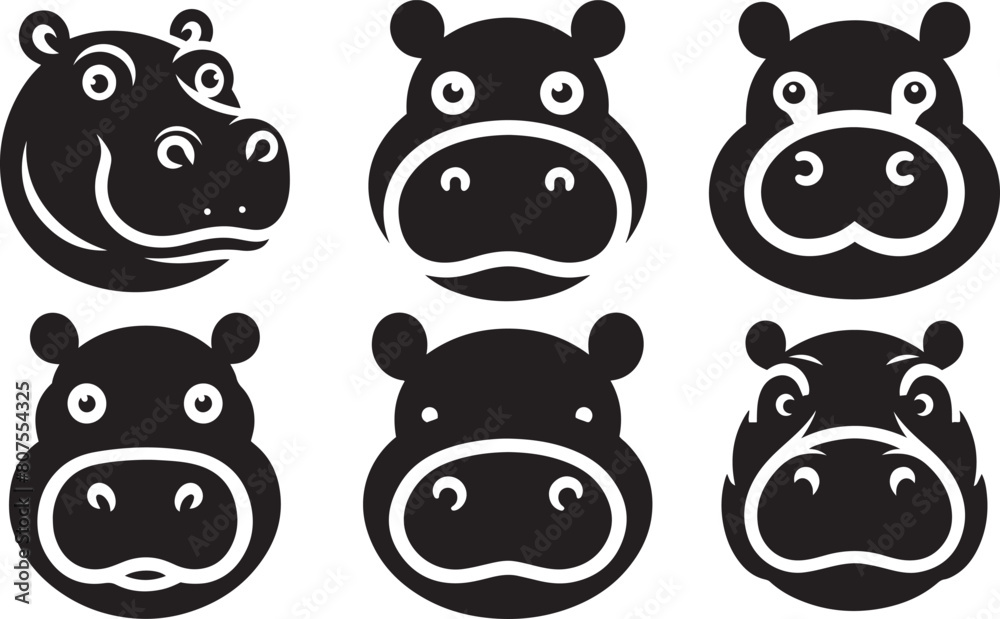 Hippopotamus head set vector illustration. Hippo face silhouette design. Hippopotamus head set vector illustration. Hippo face silhouette design.