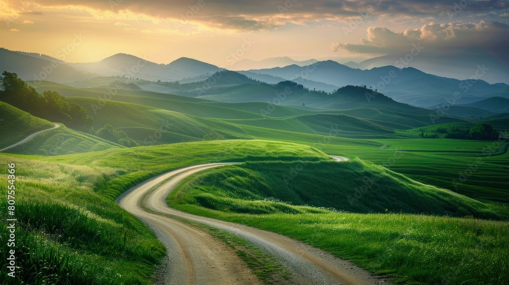 meandering country road snaking through lush green fields, framed by rolling hills and distant mountains that glow with the soft colors of twilight. meandering country road snaking through lush green fields, framed by rolling hills and distant mountains that glow with the soft colors of twilight.