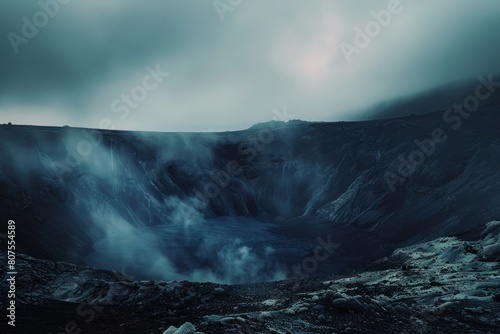 A hauntingly beautiful scene of an empty crater, with wisps of mist swirling around its rim, creating an ethereal and mysterious atmosphere, Generative AI