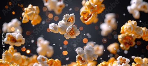 Golden fluffy popcorn close up freshly popped kernels revealing white interiors on dark background