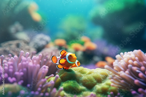 A colorful clownfish swims through a vibrant coral reef in a tropical aquarium photo