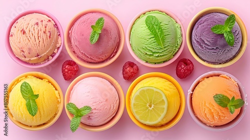 A colorful assortment of ice cream scoops in bowls with fresh fruit and mint leaves