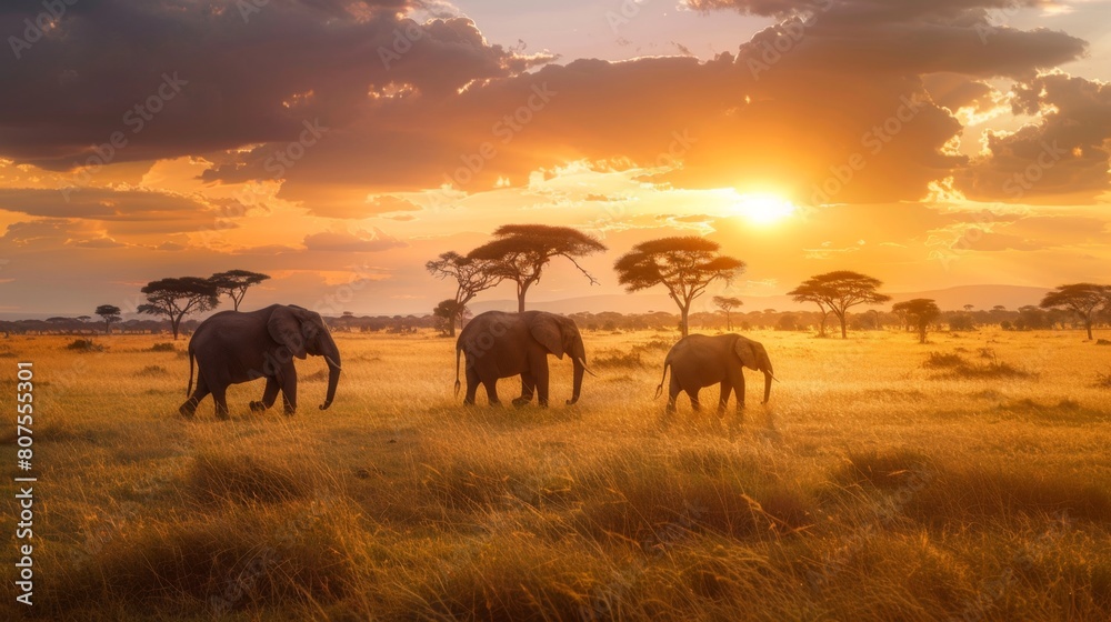 An enchanting scene captures a herd of elephants wandering through the African savannah, illuminated by the warm light of a setting sun.