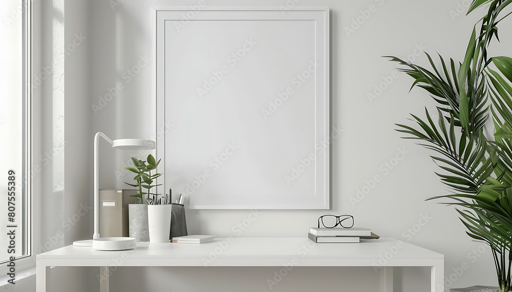 Fototapeta premium workspace atmosphere with a white frame mockup, adding a touch of sophistication to the office decoration