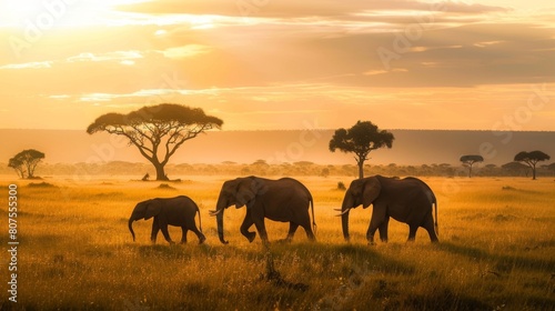 A family of elephants traverses the African savanna  silhouetted against the breathtaking backdrop of a golden sunset.