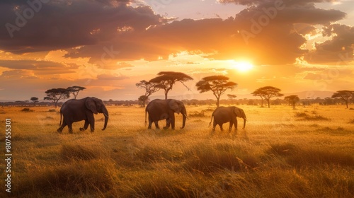 An enchanting scene captures a herd of elephants wandering through the African savannah, illuminated by the warm light of a setting sun.