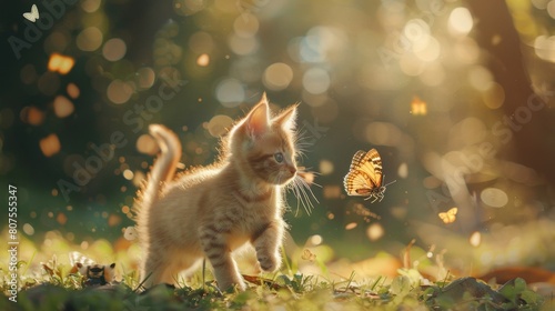 A curious kitten gently approaches a butterfly in a lush garden, bathed in the golden light of a sunset, creating a picturesque scene.