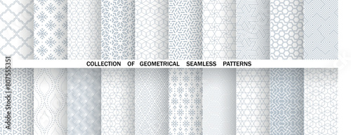 Geometric set of seamless gray and white patterns. Simple vector graphics