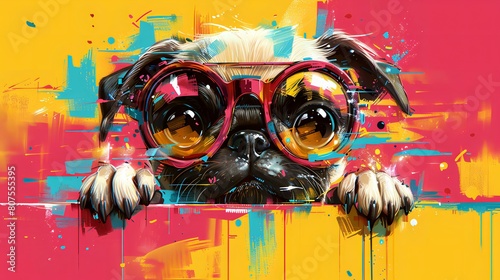 Vibrant illustration of dog wearing colorful sunglasses