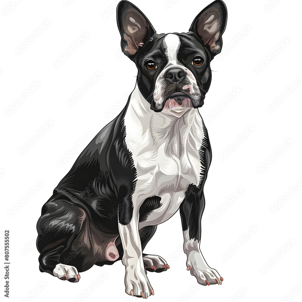 Clipart illustration of a boston terrier dog breed on a white background. Suitable for crafting and digital design projects.[A-0003]
