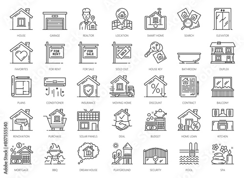 Real estate icons set. Mortgage and rent house apartment, insurance and interior vector symbols. Thin line home buildings, keys, estate agent and contract document, plan, location map and handshake