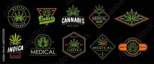 Cannabis marijuana icons, medical cbd, weed leaf symbols. Vector green plants of cannabis or hemp isolated badges set of organic herbal drugs. Marijuana, sativa or indica signs, pharmacy themes