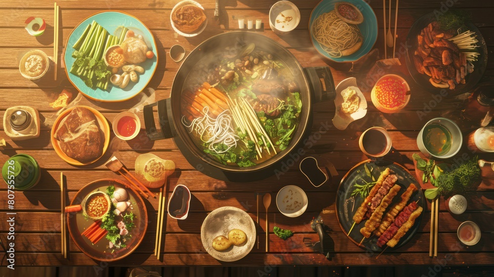 rustic wooden table set for a family meal, featuring a steaming pot of Vietnamese bun cha noodles with grilled pork patties, herbs, and dipping sauce. rustic wooden table set for a family meal, featuring a steaming pot of Vietnamese bun cha noodles with grilled pork patties, herbs, and dipping sauce.