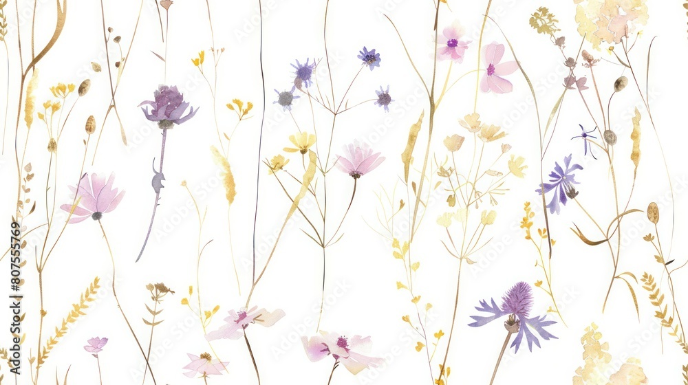 seamless pattern of delicate wildflowers in pastel hues, reminiscent of a watercolor painting., seamless pattern of delicate wildflowers in pastel hues, reminiscent of a watercolor painting.,