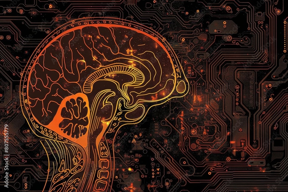 Sophisticated circuit design embedded within a human brain graphic ...