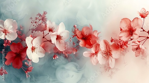 A serene composition of red and white blossoms in soft focus, surrounded by a misty backdrop, creating a dreamy and tranquil scene.