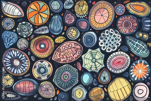 Cartoon cute doodles of microscopic diatoms constructing intricate silica shells, each with its own unique geometric pattern and dsg, Generative AI