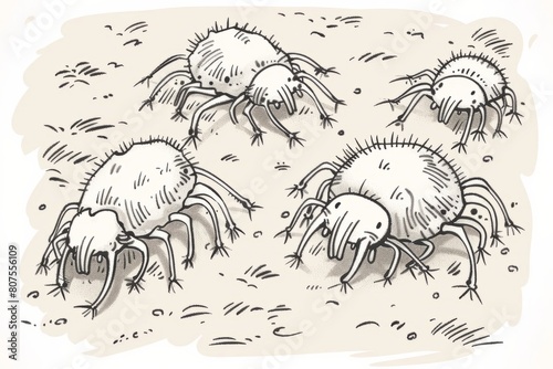Cartoon cute doodles of microscopic dust mites scurrying across a carpet, their fuzzy bodies and tiny eyes making them oddly endearing, Generative AI