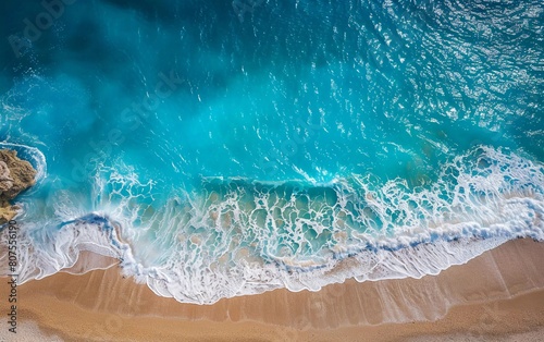 Relaxing aerial beach, summer vacation tropical Mediterranean landscape banner. Waves surfing in beautiful blue ocean lagoon