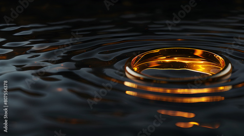 A gold ring is floating in a dark blue body of water. The ring is surrounded by ripples and waves, creating a sense of movement and depth. The water appears to be calm and still