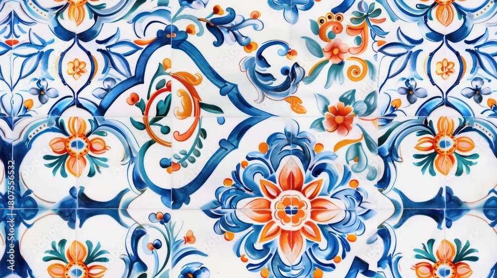 Fototapeta premium vintage Portuguese azulejo tiles, depicting traditional hand-painted motifs and vibrant hues. 